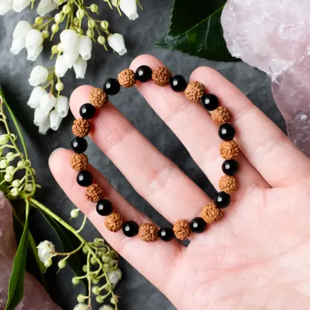 Natural 5 Mukhi Rudraksha Bracelet with Black Onyx 8mm – Unisex | Wealth & Health Attractor | Lab Certified 🔱
